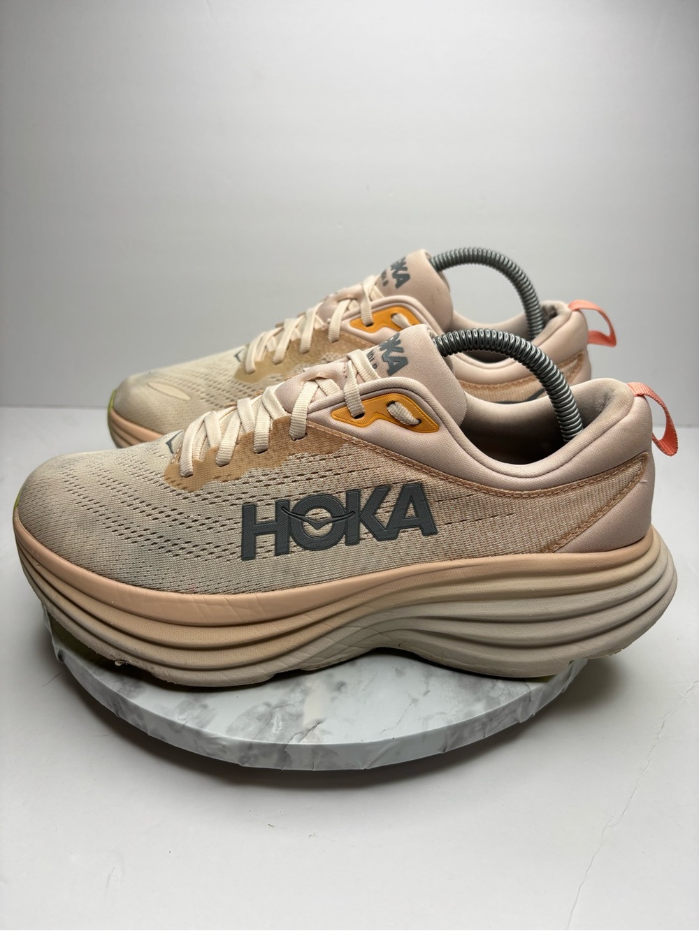Size 9.5-Hoka Bondi 8 max running shoes in a cream and vanilla